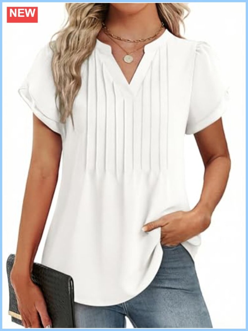 Womens Short Petal Sleeve V-Neck Pintuck Chiffon Tunic Blouse Dressy Casual